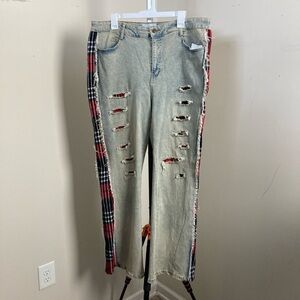 Plaid Accent Distressed Wide Leg Jeans